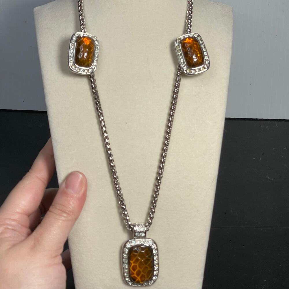 Topaz Cobochon Clear Rhinestone Necklace Clip On Earring Set Silver Tone